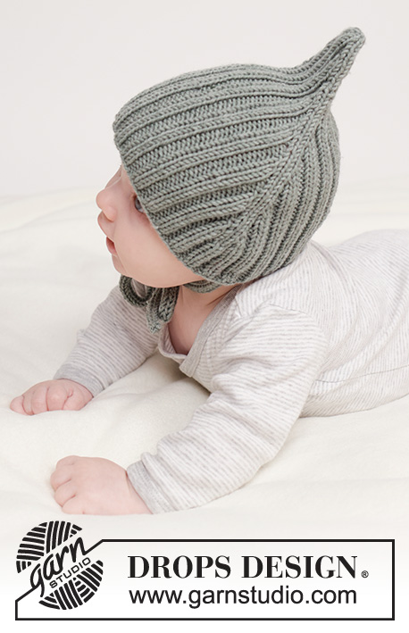 Forest Pixie Hat / DROPS Baby 45-4 - Strikket hue til baby og børn i DROPS Merino Extra Fine. Arbejdet strikkes oppefra og ned med rib. Størrelse 0 til 4 år.