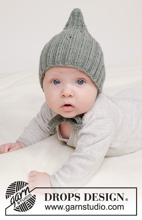 Forest Pixie Hat / DROPS Baby 45-4 - Bonnet tricoté pour bébé et enfant, en DROPS Merino Extra Fine. Se tricote de haut en bas, en côtes. Du 0 au 4 ans.
