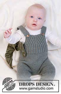 Good Times Overall / DROPS Baby 45-7 - Vauvan ylhäältä alas neulotut housut DROPS Merino Extra Fine -langasta. Työssä on joustinneuletta. Koot 0 - 4 vuotta.