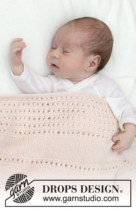 Dream Sand Blanket / DROPS Baby 46-12 - Strikket babytæppe i DROPS BabyMerino. Arbejdet strikkes med hulmønster og retstrik.