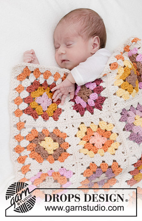 Rose Bushes Blanket / DROPS Baby 46-2 - Crocheted baby blanket with granny squares in DROPS
