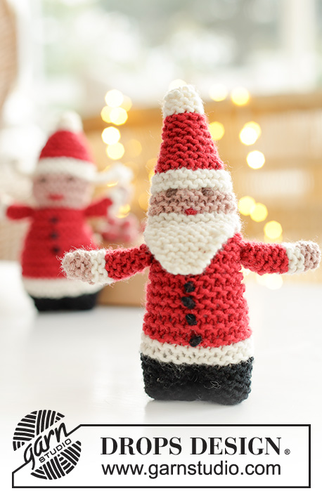 Hello Santa / DROPS Baby 46-21 - Pai Natal e Mãe Natal tricotados para bebé e criança em DROPS Merino Extra Fine. Tricotam-se de cima para baixo, em ponto jarreteira com bordados.