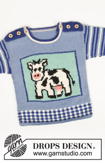 Moo / DROPS Baby 6-24 - DROPS Bluse i Muskat med ko, striber og tern. Størrelse 0 - 6 år

