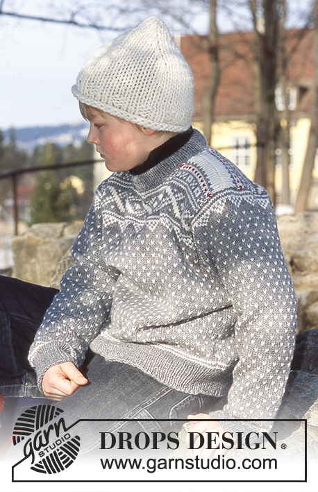 Illias / DROPS Children 12-15 - DROPSi steekidega norra mustriga džemper lõngast Karisma ning müts ja sall lõngast Snow 