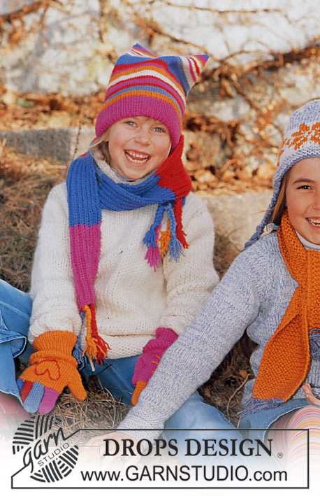 DROPS Children 12-16 - DROPS Muts en sjaal met strepen, kleurrijke handschoenen en trui van “Karisma Superwash”.