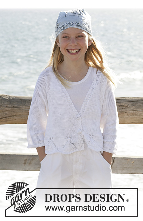 Bright Emma / DROPS Children 15-15 - Strikket trøje med hulmønster og V-hals i DROPS Muskat. Til børn str 5 - 14 år