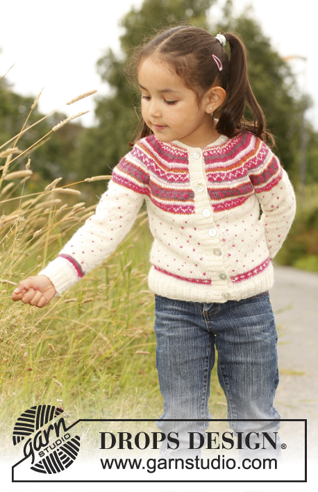 Jolie Fleur / DROPS Children 22-4 - Knitted cardigan with round yoke and multi-colored pattern in DROPS Alpaca. Size children 3 to 12 years.