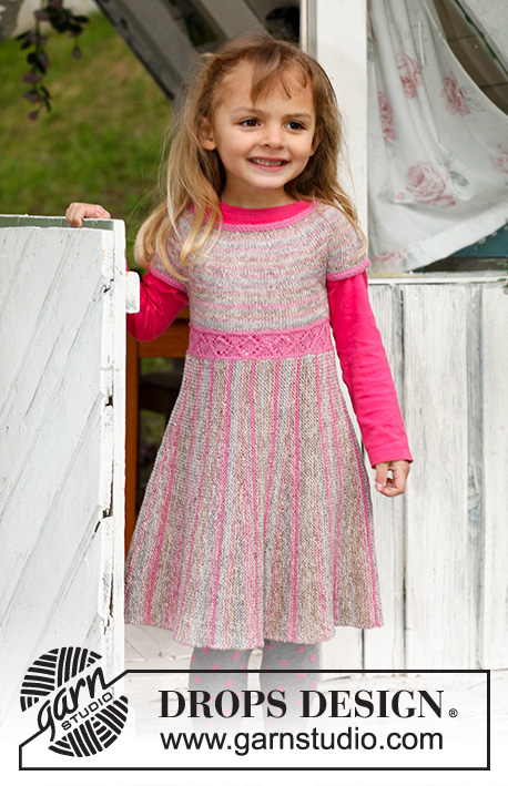 Twirly Girlie / DROPS Children 23-2 - Gebreide jurk met ronde pas zijdelings gebreide rok in ribbelsteek met verkorte toeren van DROPS Fabel. Maat kinderen 3 tot 12 jaar.