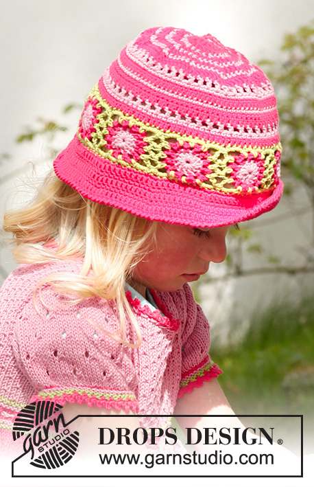 Sweet berries hat / DROPS Children 23-48 - Hæklet hat i DROPS Safran til børn str 3 - 12 år