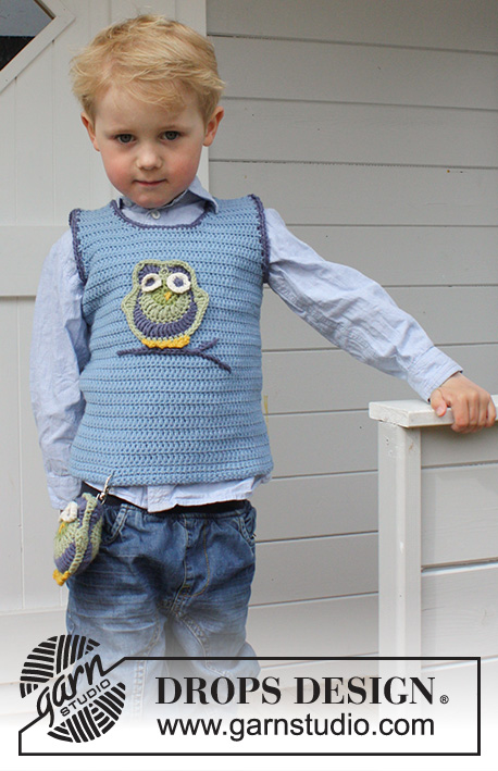 Merlin / DROPS Children 24-11 - Crochet vest with owl in DROPS Merino Extra Fine. Size children 3 - 12 years. 