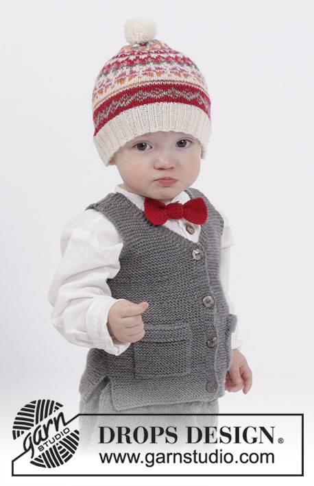 Goofy Gavin / DROPS Children 26-15 - Set of knitted vest with pockets and v-neck and short pants in stockinette st in DROPS BabyMerino, plus knitted hat and socks with Nordic pattern and bow in garter st in DROPS Fabel. For baby and children in size 1 month - 6 years.