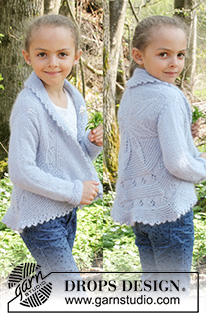 Alvina / DROPS Children 27-12 - Dětský kruhový svetr - kabátek s ažurovým lístkovým vzorem pletený z příze DROPS BabyAlpaca Silk a DROPS Kid-Silk. Velikost: 3 roky – 12 let.