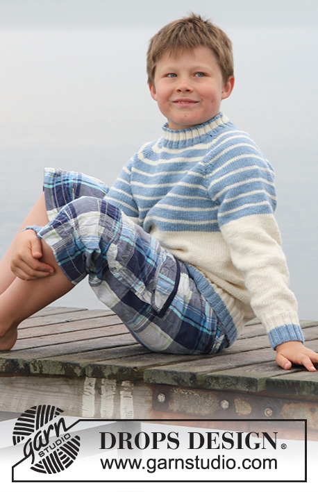 Water Stripes / DROPS Children 27-25 - Dětský pruhovaný raglánový pulovr pletený shora dolů z příze DROPS Merino Extra Fine. Velikost: 3 roky – 14 let.