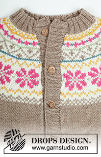 Prairie Fairy / DROPS Children 27-5 - Dětský propínací svetr - kabátek s kruhovým sedlem s norským vzorem pletený shora dolů z příze DROPS Lima. Velikost: 3 roky - 12 let.