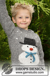Frosty's Christmas Kids / DROPS Children 30-28 - Lapsen neulottu lumiukkokuviollinen pusero / joulupusero. Koot 2 - 12 vuotta.
Työ neulotaan DROPS Air-langasta.
