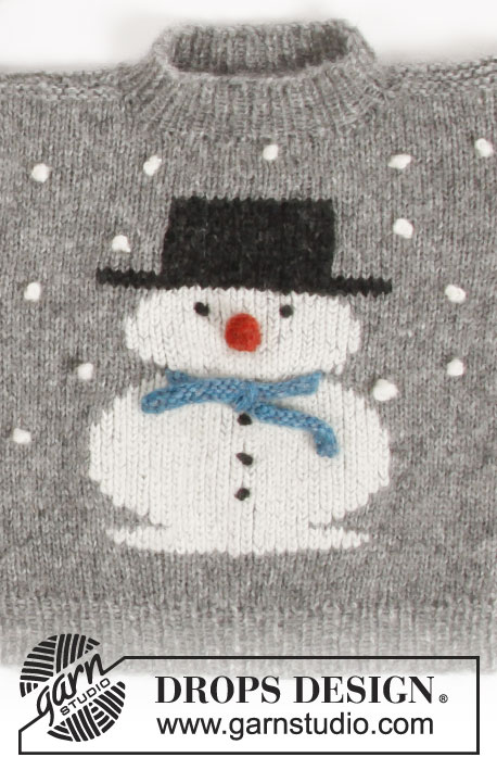 Frosty's Christmas Kids / DROPS Children 30-28 - Lapsen neulottu lumiukkokuviollinen pusero / joulupusero. Koot 2 - 12 vuotta.
Työ neulotaan DROPS Air-langasta.