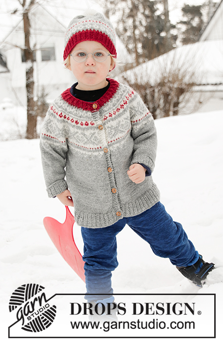 Narvik Jacket / DROPS Children 32-11 - Casaco criança tricotado de cima para baixo em DROPS Karisma, com encaixe arredondado e jacquard norueguês. Tamanhos 2 – 12 anos.
Gorro tricotado em DROPS Karisma, com jacquard norueguês e pompom.