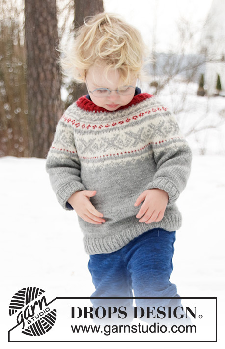 Narvik / DROPS Children 32-12 - Stickad tröja till barn i DROPS Karisma. Arbetet är stickat uppifrån och ner med runt ok och nordiskt mönster på oket. Storlek 2 – 12 år