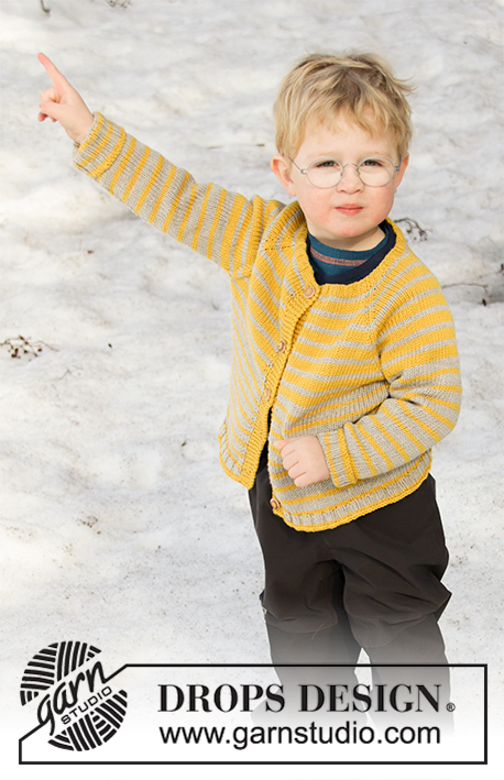 Sunny Day Stripes Jacket / DROPS Children 32-14 - Casaco criança tricotado de cima para baixo em DROPS Merino Extra Fine ou DROPS Muskat, com cavas raglan e riscas. Tamanhos 2 - 12 anos.