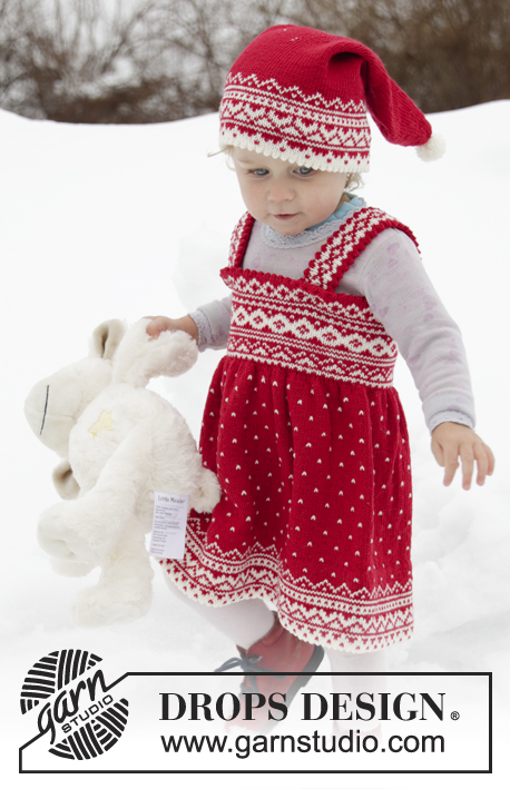 Miss Cookie / DROPS Children 32-2 - Sukienka dziecięca na drutach, przerabiana od góry do doł, z włóczki DROPS BabyMerino, z żakardem norweskim. Od 6 miesięcy do 6 lat.