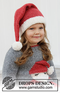Sleepy Santa Hat / DROPS Children 32-21 - Dziecięca czapka Mikołaj na drutach, dżersejem, ze ściągaczem, z włóczki DROPS Air. Od 3 do 12 lat. Temat: Boże Narodzenie.
