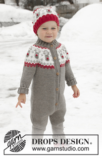 Run Run Rudolph / DROPS Children 32-3 - Knitted onesie for children, with round yoke in DROPS Merino Extra Fine. The piece is worked top down with Nordic pattern. Sizes 12 months – 6 years.