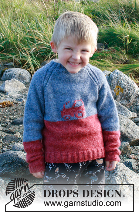 Tiny Trucker / DROPS Children 34-15 - Strikket genser med traktor og raglan til barn. Arbeidet strikkes i DROPS Sky. Størrelse 2-12 år.