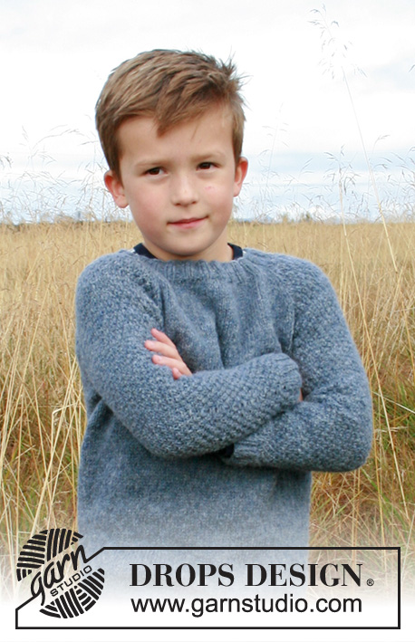 Blue August / DROPS Children 34-17 - Knitted jumper for children in DROPS Sky. The piece is worked top down with raglan and double moss stitch on sleeves. Sizes 2-12 years.