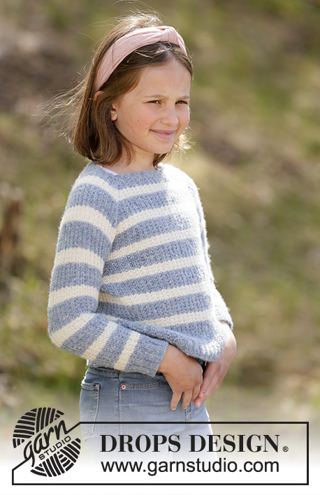 Sky Stripes Jumper / DROPS Children 34-21 - Knitted jumper with stripes for kids in DROPS Sky. Piece is knitted top down with raglan and textured pattern. Size 2-12 years