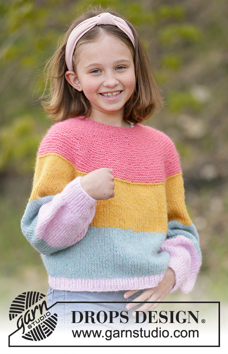 Candy Bar Jumper / DROPS Children 34-23 - Knitted jumper for children with stripes in DROPS Air, Nepal or Paris. The piece is worked in the round, top down with round yoke and raglan. Sizes 1-10 years.