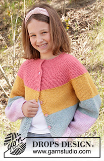 Candy Bar Jacket / DROPS Children 34-24 - Dětský pruhovaný raglánový svetr pletený shora dolů z příze DROPS Air, Nepal nebo Paris. Velikost 1-10 let.