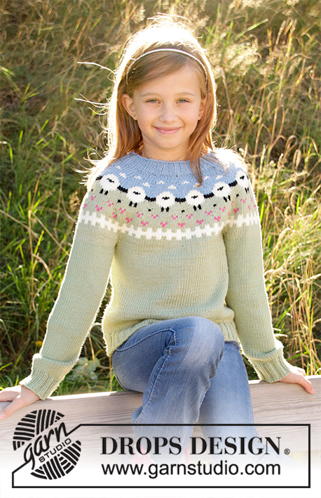 Lamb Dance Sweater / DROPS Children 34-3 - Knitted sweater for kids in DROPS Merino Extra Fine or DROPS Lima. Piece is knitted top down with sheep, color pattern, ribs and stockinette stitch. Size 3-12 years