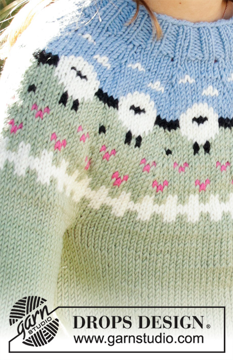 Lamb Dance Sweater / DROPS Children 34-3 - Knitted jumper for kids in DROPS Merino Extra Fine or DROPS Lima. Piece is knitted top down with sheep, colour pattern, ribs and stocking stitch. Size 3-12 years