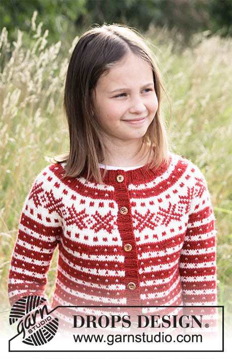 Candy Cane Lane Kids Jacket / DROPS Children 34-31 - Dětský propínací svetr s norským vzorem Nordic Fana pletený shora dolů z příze DROPS Karisma nebo DROPS Lima. Velikost 2-12 let