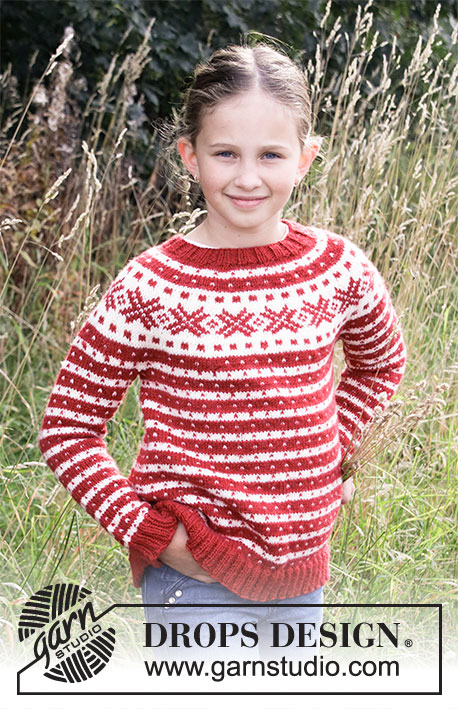 Candy Cane Lane Kids / DROPS Children 34-32 - Gebreide trui met Scandinavisch fana patroon voor kinderen in DROPS Karisma of DROPS Lima. Het werk wordt van boven naar beneden gebreid. Maat 2-12 jaar
