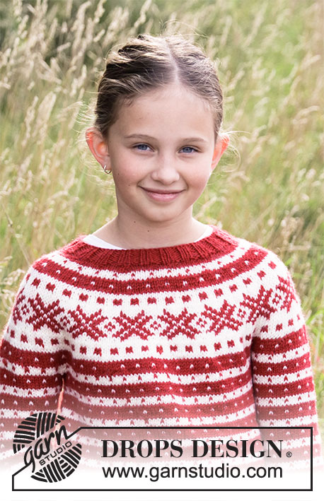 Candy Cane Lane Kids / DROPS Children 34-32 - Knitted sweater for kids with Nordic Fana pattern in DROPS Karisma or DROPS Lima. Piece is knitted top down. Size 2-12 years.