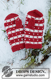 Candy Cane Lane Mittens / DROPS Children 34-35 - Moufles tricotées avec jacquard nordique pour enfant, en DROPS Karisma. Du 1 au 12 ans