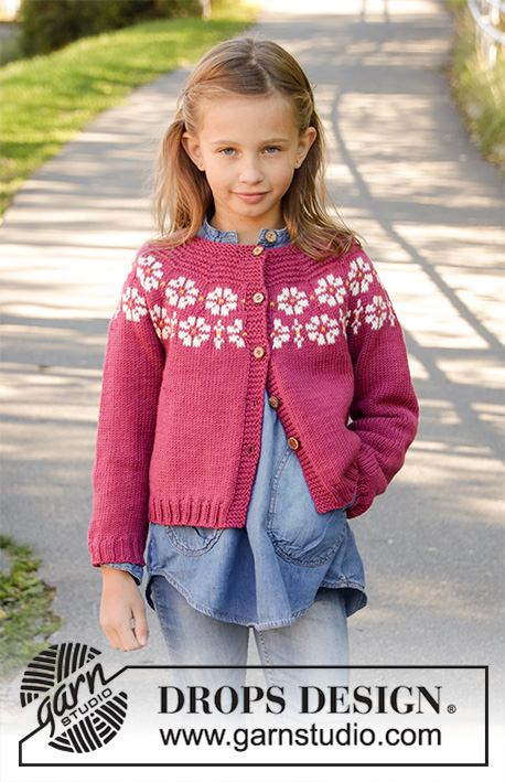 Daisy Delight Cardigan / DROPS Children 34-5 - Knitted jacket for children in DROPS Merino Extra Fine. DROPS Lima or DROPS Cotton Light. The piece is worked top down with flowers, coloured pattern, garter stitch and stocking stitch. Sizes 3-12 years.