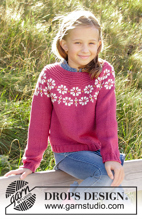 Daisy Delight / DROPS Children 34-7 - Knitted jumper for children in DROPS Merino Extra Fine, DROPS Lima and DROPS Cotton Light. The piece is worked top down with flowers, coloured pattern, garter stitch and stocking stitch. Sizes 3-12 years.