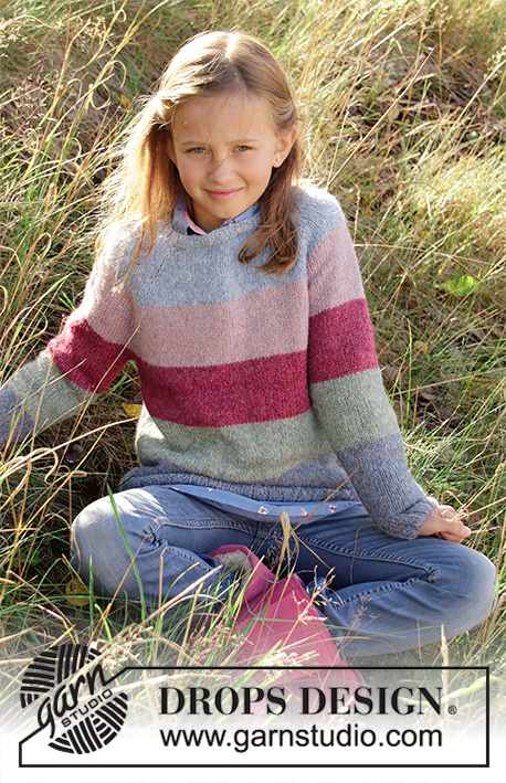 Spring Lines / DROPS Children 34-8 - Dětský raglánový pulovr s pruhy, pletený shora dolů z příze DROPS Sky. Velikost 3-12 let.