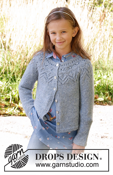 Agnes / DROPS Children 34-9 - Knitted jacket for children in DROPS Sky. The piece is worked top down with round yoke, lace pattern, stocking stitch and garter stitch. Sizes 3-12 years.