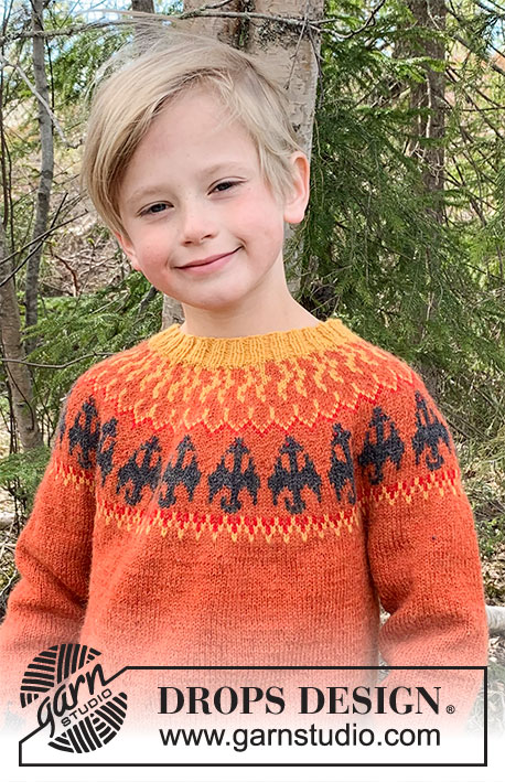 Dragon's Play / DROPS Children 37-11 - Knitted sweater with dragons and flames for kids in DROPS Alpaca. Size 3 - 12 years