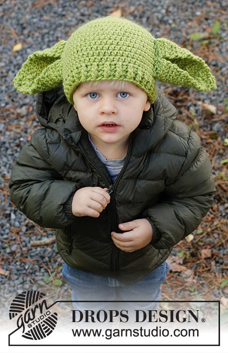 Green Ears / DROPS Children 37-23 - Gehäkelte Mütze mit großen Ohren für Kinder in DROPS Snow. Größe 1 - 8 Jahre. Thema: Halloween.