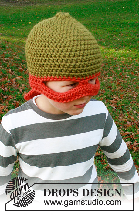Pizza Ninja / DROPS Children 37-24 - Bonnet-Ninja avec masque crocheté pour enfant, en DROPS Snow. Du 1 au 8 ans. Thème: Halloween.