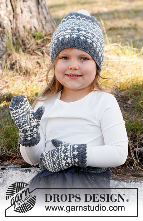 North Star Set / DROPS Children 37-3 - Dziecięca czapka i rękawiczki na drutach, z żakardem norweskim, z włóczki DROPS Merino Extra Fine. Od 2 do 12 lat.