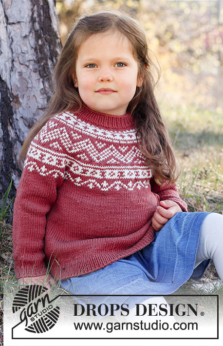 Lillesand Jumper / DROPS Children 37-5 - Strikket genser til barn i DROPS Karisma. Arbeidet strikkes ovenfra og ned med rundfelling og nordisk mønster på bærestykket. Størrelse 2 – 12 år.