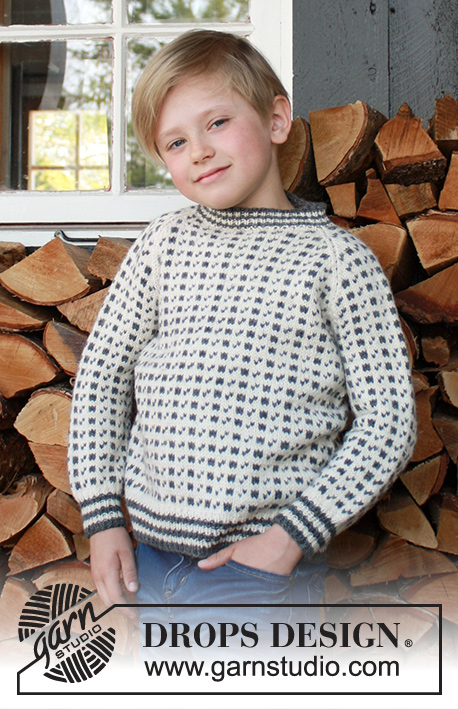 Favourite Catch / DROPS Children 37-9 - Gebreide trui voor kinderen in DROPS Merino Extra Fine of DROPS Lima. Het werk wordt van onder naar boven gebreid met Scandinavisch patroon en raglan. Maten 5-14 jaar.