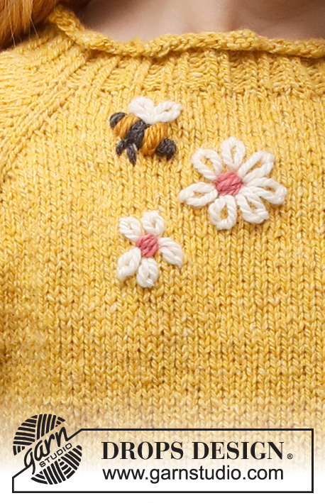 Bee Season Jumper / DROPS Children 40-1 - Pull enfant tricoté de haut en bas en DROPS Soft Tweed, avec emmanchures raglan, abeille et fleurs brodées. Du 3 au 14 ans.