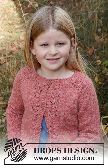 Butterfly in Fall / DROPS Children 40-21 - Knitted jacket for children in DROPS Sky. The piece is worked top down with lace pattern and saddle shoulders. Sizes 3 – 14 years.