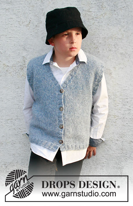 Spring Creek Vest / DROPS Children 40-25 - Knitted vest for children in DROPS Air. The piece is worked in stocking stitch with V-neck and ribbed edges. Sizes 3 to 14 years.